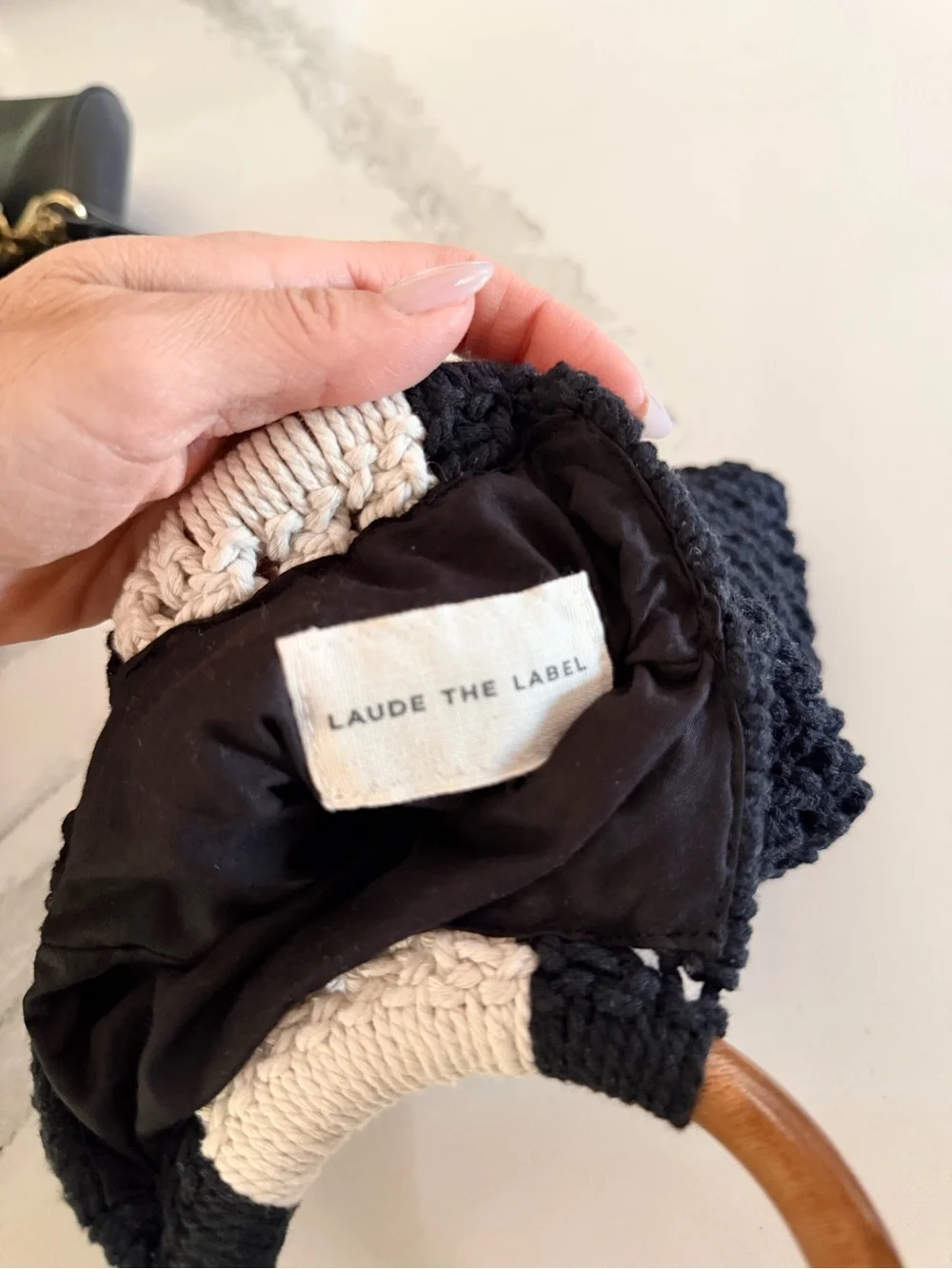 Black and Cream Crochet Wristlet Clutch with Wooden Handles